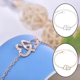 Double Heart Charm Bracelet For Women Rose Gold Pulsera Jewelry Adjustable Metal Chain Armbanden Bijoux Femme Bridesmaid Gifts