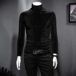 Snygg Tee Långärmad Velvet Shirts Casual Men Clothing Flannel -Shirts High Neck Pullover S Sleeve Stickning Fall 220115