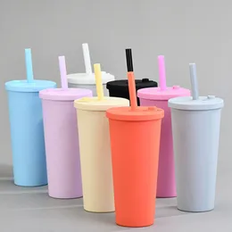 ZL0449 Mugs 700ml Reusable Tumbler Double Layer Plastic Large Hole Straw Cup Water Bottle Travel Coffee Drinks Juice Cups