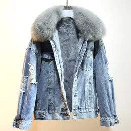 Vinter Nya Kvinnor Varm kappa Real Fox Fur Collar Natural Rabbit Hair Liner Denim Jacket Slim Jean Tjock Outwear T200915