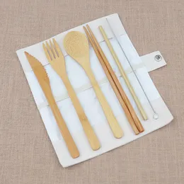 7 pcs / conjunto de jantar de madeira conjunto de bambu colheres de chá de sopa faca de sopa cutelaria conjunto com saco de pano cozinha cozinhar ferramentas utensílio