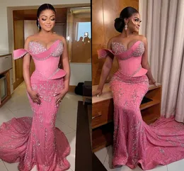 Fuchasia Rosa One-Shoulder Prom Pagant Klänningar Lyx Crystal Beaded Mermaid African Aso Ebi Evening Gowns Vedtidos Elegante Para Fiesta