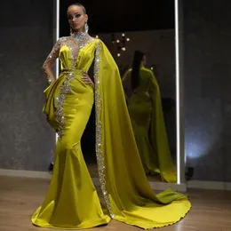 Elegant Luxury Crystal Mermaid Evening Dresses With Cloak Full Sleeves High Collar Beaded Long Prom Gowns 2020