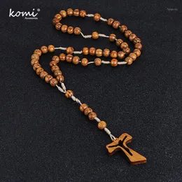 Pendant Necklaces Komi Catholic Christ Orthodox Wooden Beads Hollow Cross Necklace For Women Men Religious Jesus Rosary Jewelry Gift R-0041
