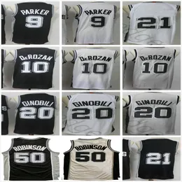Retro vintage David 50 Robinson Tony 9 Parker Manu 20 Ginobili Basketball Jerseys Black White Grey camisa