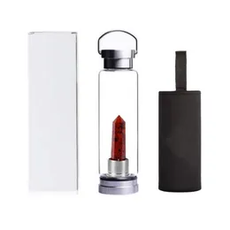 Großhandel 31 Farben 550 ml natürliche Kristallquarz-Edelstein-Wasserflasche mit Reiki-Wellness-Obelisk-Stab-Heilungsenergie-Glasbecher