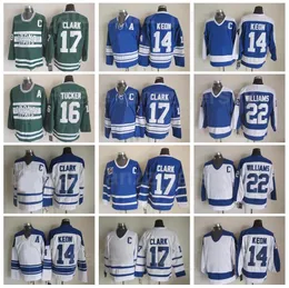 Ретро Арена 17 Wendel Clark Jersey Hokkey Hokkey 14 Дэйв Кин 16 Дар-Такер 22 Тигр Уильямс 28 галстука Domi 27 Darryl Sittler Винтаж классический синий белый сшитый Fengye