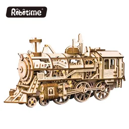 Robotime DIY Movable Lokomotywa przez Clockwork Drewniany Model Kit Building Zestawy Zespoły Zabawki Prezent na Dropshipping LJ200928