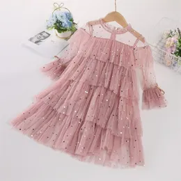 Girls Princess Gauze Cake Dresses For Kids Star Sequin Elegant Party Tutu Prom Wedding Dress Summer Children Long Sleeved Ruffles Skirt Clothes 20220305 H1