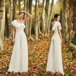 Arrival Bohemian New Cheap Simple Jumpsuit One Shoulder Chiffon Floor Length Ruffles Beach Wedding Dress Pants Robes De Marie