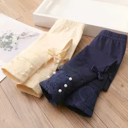 Spring Autumn 2 3 4 6 8 10 Year Children Dark Blue Beige Long Pears Bow Lace Basic Leggings For Little Baby Kids Girl 210529