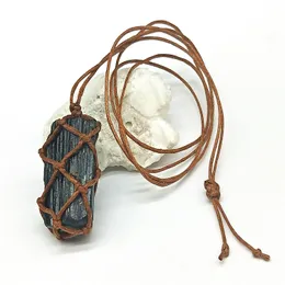 Smycken halsband hängsmycke naturlig kristall svart turmalin grov handvävd rå malm retro energi unisex