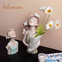 Nesteuins 나비 소녀 수지 조각 문자 모델 꽃병 현대 스토리지 동상 홈 거실 데스크탑 장식 액세서리 210804