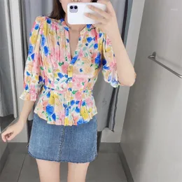 Summer Loose Jewelry Button Decoration Printing V-neck Three-quarter Sleeves Waist Slim Blouse Women's Blouses & Shirts