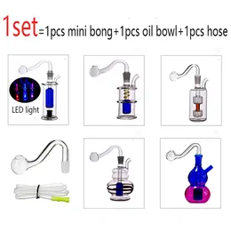 Mini glass oil burner bong hookahs inline matrix perc Thick Pyrex smoking water pipe LED light bongs with 10mm male oil bowl and hose
