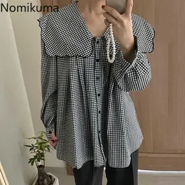 Nomikuma Vintage Plaid Women Blouse Causal Sailor Collar Puff Långärmad tröja Vår Blusas Mujer de MODA 6E200 210721