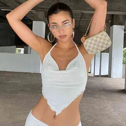 White Crop Top Women 2020 Summer Halter Top Cami Sexy Sleeveless Rhombus Backless Female Cloth Cute Vest Cropped Short Camisole Y220304
