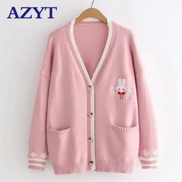 AZYT Cartoon Embroidery Rabbit Knit Sweater Cardigan Korean Chic Loose Female Knitshirt V Neck Cardigan Jacket Women 210917
