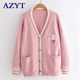 AZYT Cartoon Stickerei Kaninchen Strickpullover Strickjacke Koreanische Chic Lose Weibliche Strickshirt V-ausschnitt Strickjacke Jacke Frauen 210917