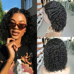 Perucas de cabelo humano de renda curta brasileira com cabelos de bebê onda de água de cor natural Bob 150%