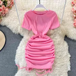 Casual Summer Women's Dress Pure Color O-neck Short Sleeve T-shirt Fashion Streetwear Drawstring Ruched Mini Bodycon 210603