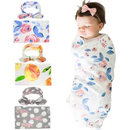 Nyfödda baby swaddling filtar med kanin öra huvudband spädbarn blommig swaddle wrap filt hårband set baby bomull omslagduk bhb18