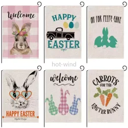 Happy Easter Bunny Garden Flag Double Sized 12.5 x 18 Inch Spring Rabbit House Flag Yard Outdoor Decoration Burlap EE