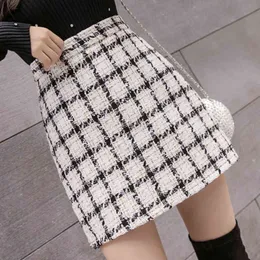 HMA Korean High Waist Tweed Spódnica Jesień Zimą Zagęszczoną Plaid Woolen Mini Mujer Faldas 211120