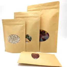 Kraft Paper Bags Stand-up Reusable Sealing Food Pouches Fruit Tea Gift Package Storage Bags with Transparent Window