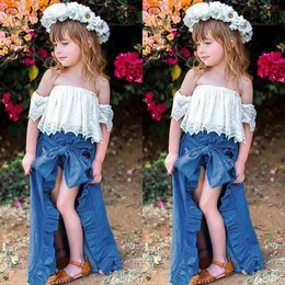 Wholesale 3pcsかわいい幼児の女の子のセットオフショルダーレースホワイトTシャツブルーデニムショーツ足首長さのドレス衣装1-5T MN001 210610