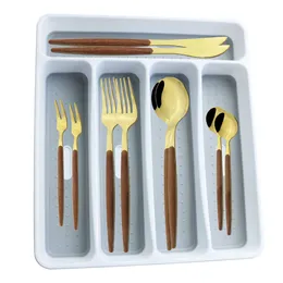 30Pcs Wooden Handle Dinnerware Set Stainless Steel Cutlery Knife Cake Fork Spoon Table Silverware Set With Plastic Storage Tray X0703