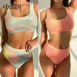 Coobbu Tie Dye Bikinis 2021 High Whiest Swimsuit Womenプッシュアップ水着リブ入浴スーツセクシーな光沢のあるビキニセットx0522