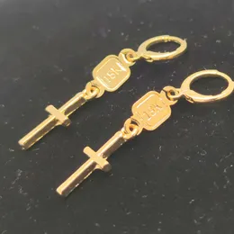 Earrings 18 k Yellow Solid Gold GF Earring Cross Drop Dangle Huggie Hoop Stamp connect