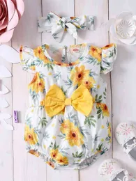 Bebê Floral Impressão Luva de Manga Bow Frente Bodysuit Headband Ela