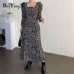 Beiyingni koreanska chic långa midi klänning kvinnor elegant stilig leopard print puff ärm kvinnlig klänning kvadrat krage svart vestidos y1204