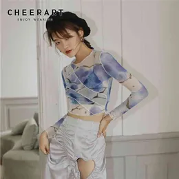Chearart Mesh CropトップロングスリーブTシャツ女性プリントTシャツ透明レディースタイトパッチワーク夏ファッション210623