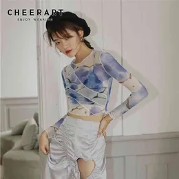 Cheynart Mesh Crop Top Długą Rękaw T Shirt Kobiety Drukowane Tshirt Przezroczyste Damskie Damskie Patchwork Lato Moda 210623