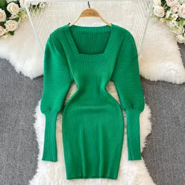 New design women's square collar lantern long sleeve knitted short sweater dress