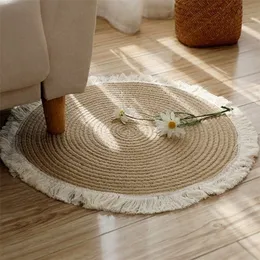 Japanese Style Round Carpets Natural Jute Mats Handmade Rattan Grass With Tassel Rugs Sofa Tea Table Mat Living Room Home Decor 220301