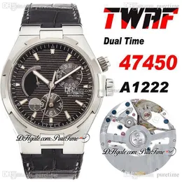 TWAF Overseas Dual Time 47450 A1222 Automatyczny Zegarek Mężczyzna Stalowa Rezerwat Power Black Texture Dial Stick Skórzany Pasek Super Edition Zegarki Puretime B2