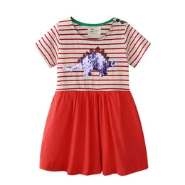 Jumping Metros Dinossauros Dinossauros Vestidos Appliques para meninas de bebê Roupas Verão Stripe Princesa Algodão Crianças Criança Frocks 210529