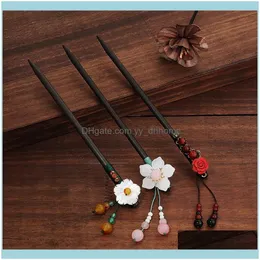 Hårsmyckenklipp Barrettes Classic Flower Tassel Handmade Sticks Chopsticks Chinese Bridal Wood Hairpins Clip Wedding Jewelry For Wo