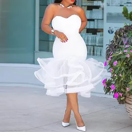 2021 Women White Sexy Strapless Mermaid Homecoming Dresses Tea Length Satin Tulle Plus Size Prom Party Gowns
