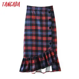 Tangada Frauen Plaid Midi Rock Faldas Mujer Vintage Seitenknöpfe Büro Damen elegante schicke mittlere Wadenröcke SL112 210309