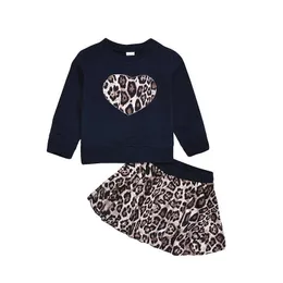 Spring Fall Princess Toddler Kids Baby Girl Leopard Långärmad Toppar + Mini Skirt Dress Outfit Kläder 2st Kläder Set Q0716