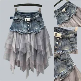 Women Denim Mesh Patchwork Lace Skirt High Waist A Line Asymmetric Frill Tulle Gothic Chic Skirts 210619