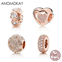 Anomokay Trendy Rose Gold Brilhante Coração Charme Para As Mulheres Menina Charme Pulseira Fine Cz Amor Bead Fine Jewelry Para Bracelete DIY Q0531