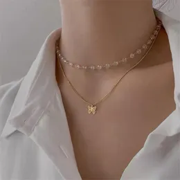 Naszyjniki wisiorek Koreański prosty naszyjnik motyla dla kobiet 2021 Złoty kolor wielowarstwowy Pearl Choker Choker Wedding Jewelry Prezenty