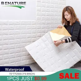 Benature 12 PCS/ 3D Brick Wall Stickers Living Waterproof Foam Room Bedroom Diy Adhesive Paper Art Home Decals 220217