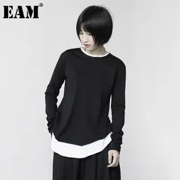 [EAM] Frauen Schwarz Kontrast Farbe Split Joint T-shirt Neue Rundhals Langarm Mode Flut Frühling Herbst 2021 1DC657 210306